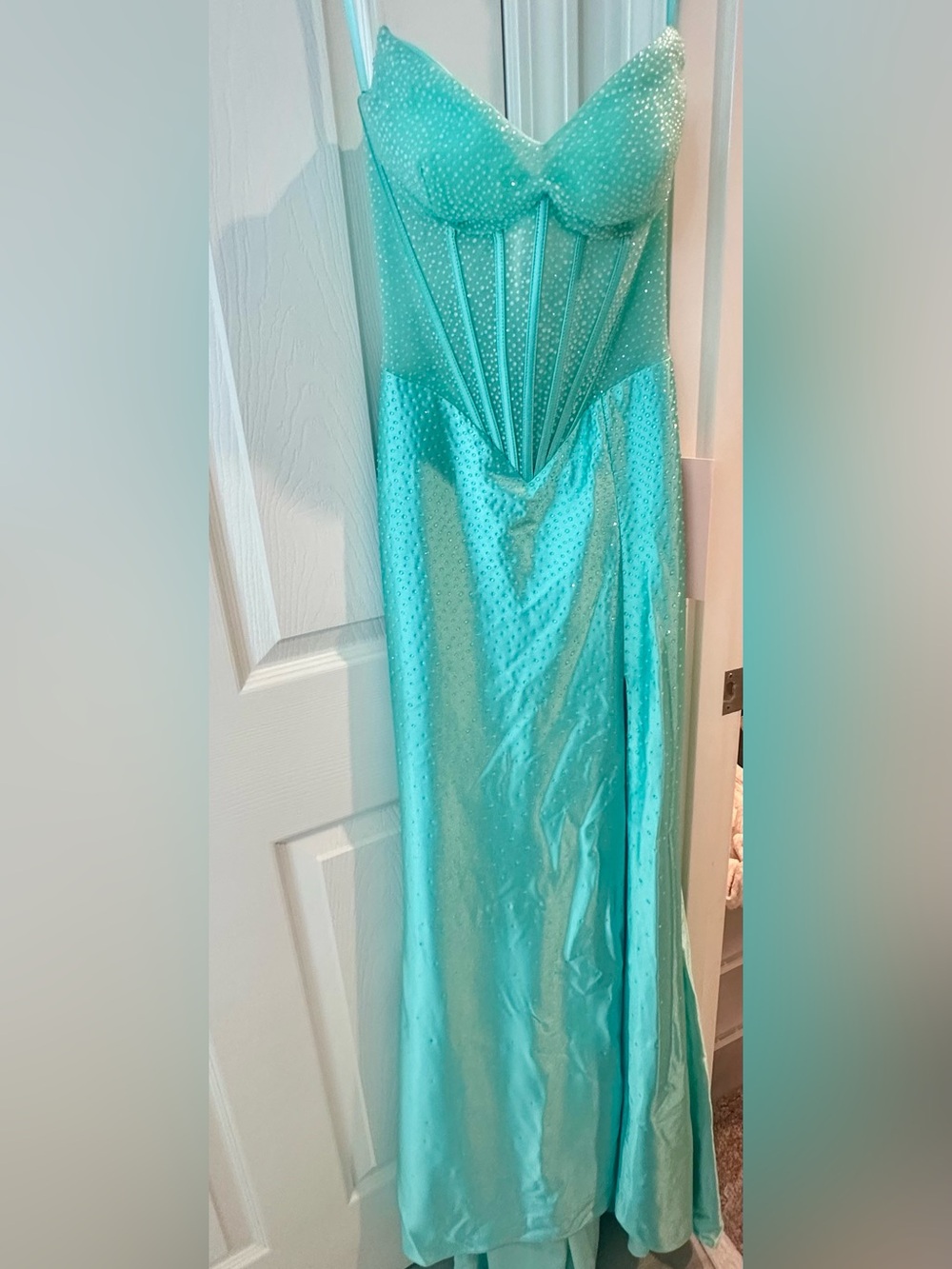 Aqua Strapless Mermaid Satin Beaded Long Formal Prom Dresses with Slit